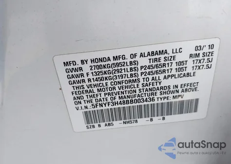 2011 Honda Pilot Ex z USA, uszkodzony, nr VIN 5FNYF3H48BB003436